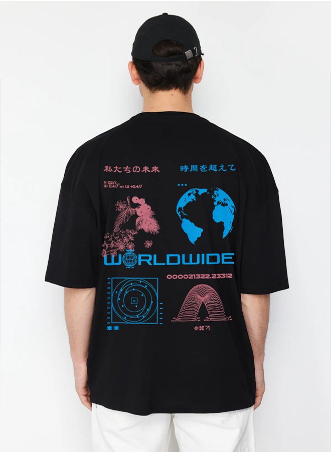 trendyol Black Oversize/Wide Cut 100% Cotton Printed T-Shirt  - Image 1