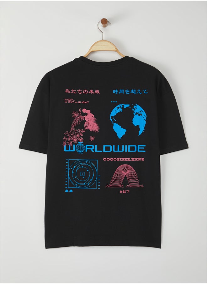 trendyol Black Oversize/Wide Cut 100% Cotton Printed T-Shirt  - Image 3