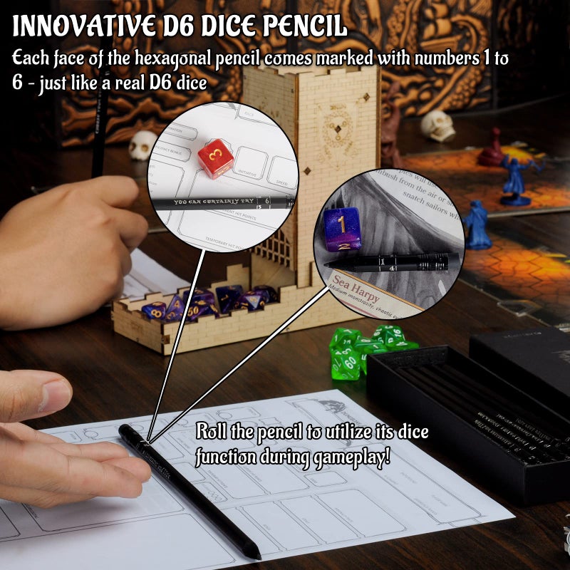 CZYY DND Pencils Set of 12 - Silver Foil Stamped with RPG Slogans & D6 Dice Numbers - Hexagon 2HB Tabletop Gaming Pencil with Eraser - Must-Have Tools, Accessories and Gifts for DM and Player (Style A) - Image 3