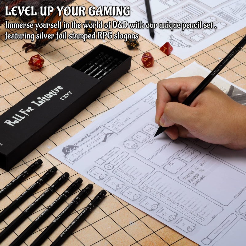 CZYY DND Pencils Set of 12 - Silver Foil Stamped with RPG Slogans & D6 Dice Numbers - Hexagon 2HB Tabletop Gaming Pencil with Eraser - Must-Have Tools, Accessories and Gifts for DM and Player (Style A) - Image 2