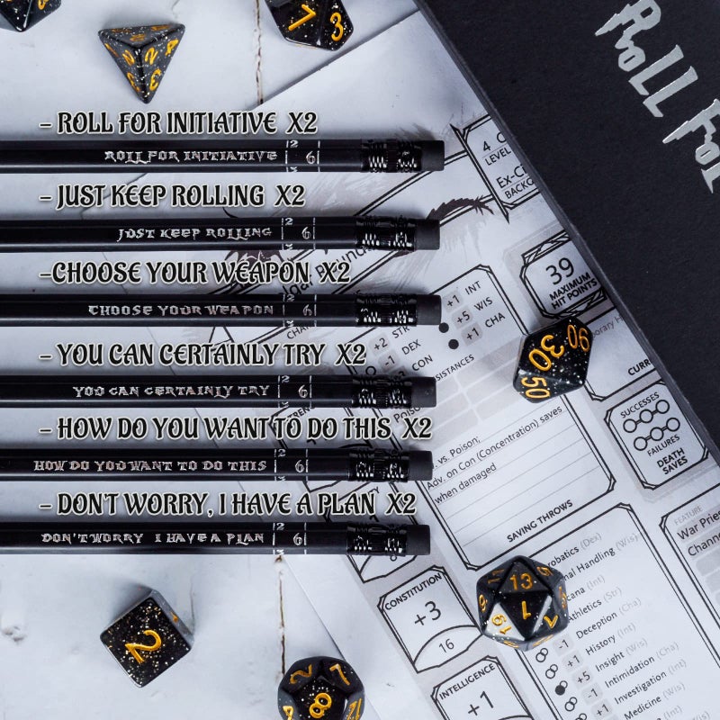 CZYY DND Pencils Set of 12 - Silver Foil Stamped with RPG Slogans & D6 Dice Numbers - Hexagon 2HB Tabletop Gaming Pencil with Eraser - Must-Have Tools, Accessories and Gifts for DM and Player (Style A) - Image 5