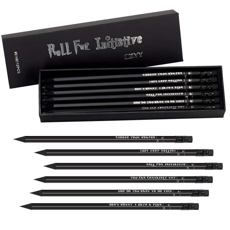 CZYY DND Pencils Set of 12 - Silver Foil Stamped with RPG Slogans & D6 Dice Numbers - Hexagon 2HB Tabletop Gaming Pencil with Eraser - Must-Have Tools, Accessories and Gifts for DM and Player (Style A) - Image 1