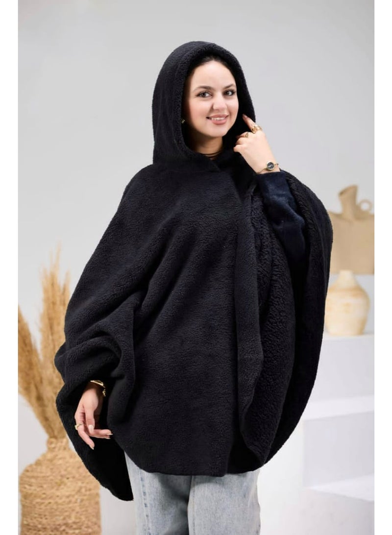 Soft winter fur blanket with hood – Cozy & Stylish Design - Black - Image 1