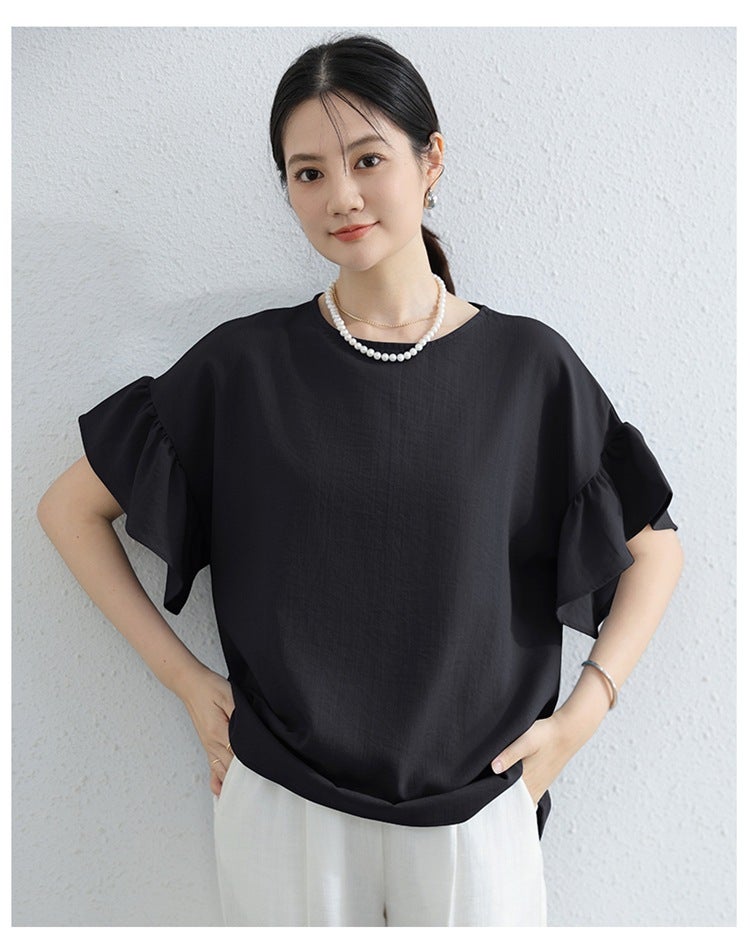Summer Japanese plus size Womens Thin Short-sleeved T-shirt Spliced Sleeve Elegant Irregular Top Loose Round Neck T-shirt Black Lotus Leaf Sleeve 