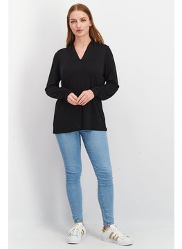 Tchibo Women V Neck Long Sleeve Solid T shirt, Black  - Image 4