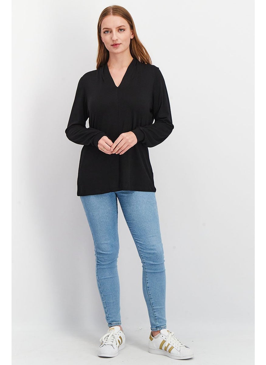 Tchibo Women V Neck Long Sleeve Solid T shirt, Black  - Image 4