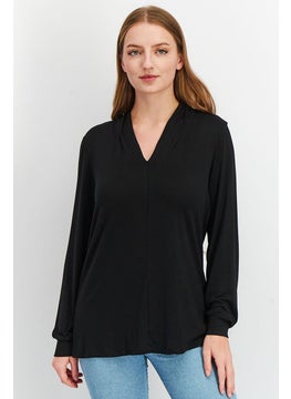 Tchibo Women V Neck Long Sleeve Solid T shirt, Black  - Image 1