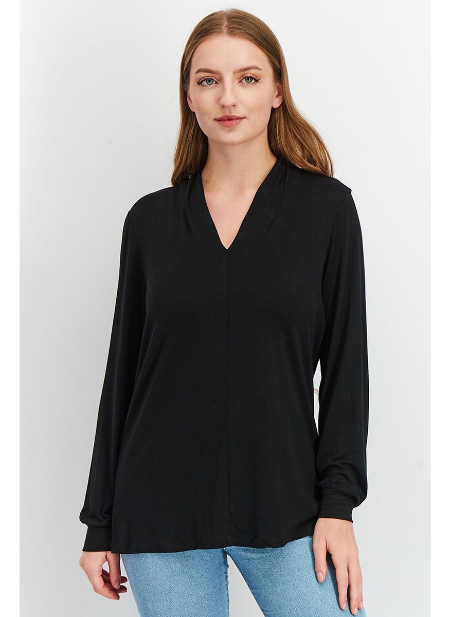 Tchibo Women V Neck Long Sleeve Solid T shirt, Black  - Image 1