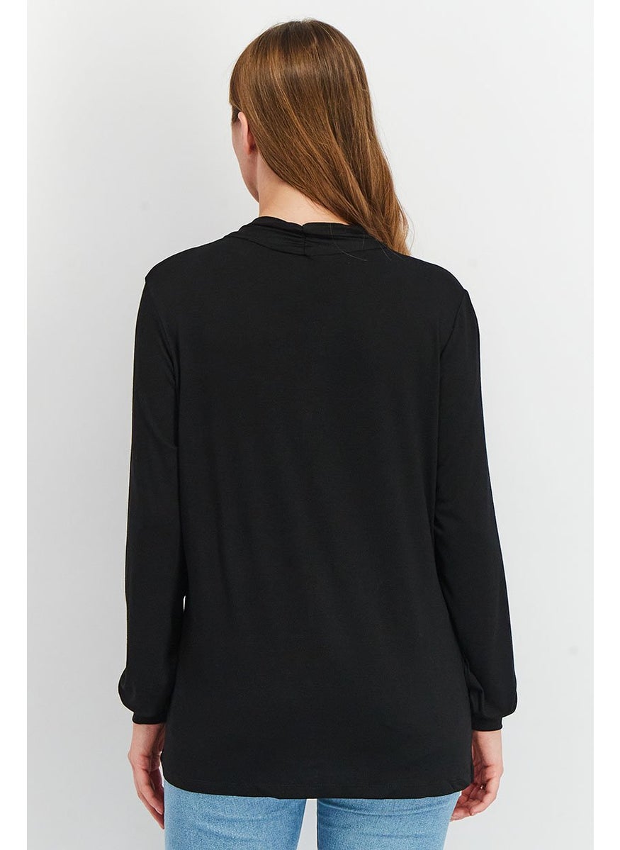 Tchibo Women V Neck Long Sleeve Solid T shirt, Black  - Image 3