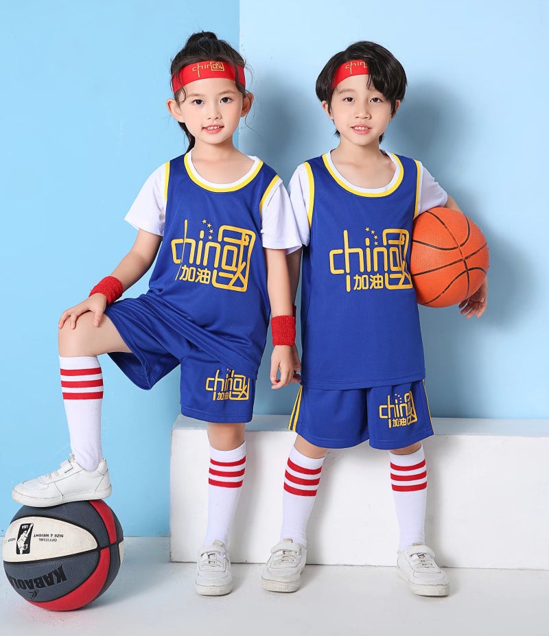 Children'S Short-Sleeved Quick-Drying Basketball Suit Set Men'S And Women'S Kindergarten Fake Two-Piece Chinese Refueling Red Baby Performance Class Suit - Image 1