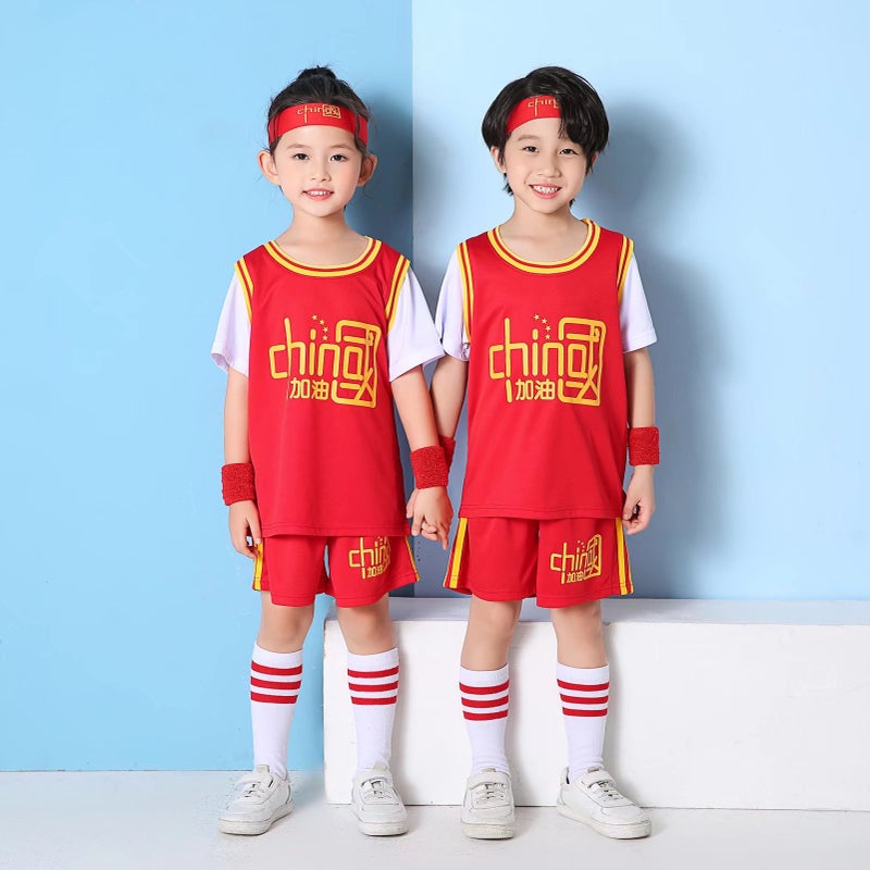 Children'S Short-Sleeved Quick-Drying Basketball Suit Set Men'S And Women'S Kindergarten Fake Two-Piece Chinese Refueling Red Baby Performance Class Suit - Image 4
