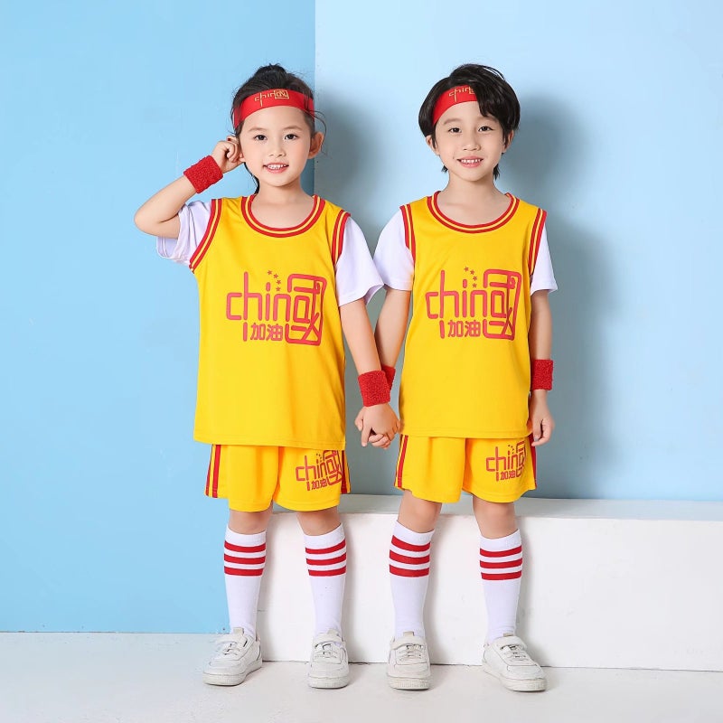 Children'S Short-Sleeved Quick-Drying Basketball Suit Set Men'S And Women'S Kindergarten Fake Two-Piece Chinese Refueling Red Baby Performance Class Suit - Image 3