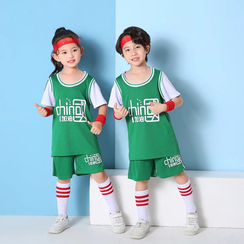 Children'S Short-Sleeved Quick-Drying Basketball Suit Set Men'S And Women'S Kindergarten Fake Two-Piece Chinese Refueling Red Baby Performance Class Suit - Image 5