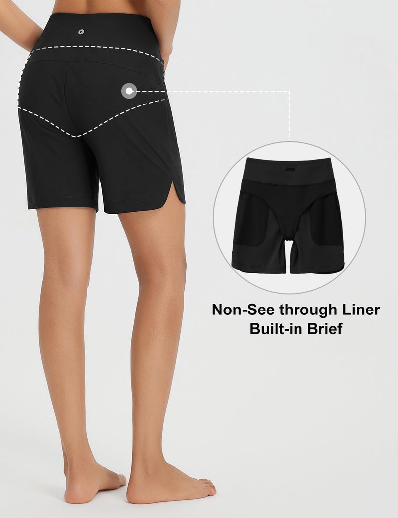 Baleaf Women's 7'' Swim Board Shorts with Zipper Pockets High Waisted Tummy Control Long Beach Swimming Shorts UPF 50+ Quick Dry Modest Swimsuits Bottoms Black M - Image 5