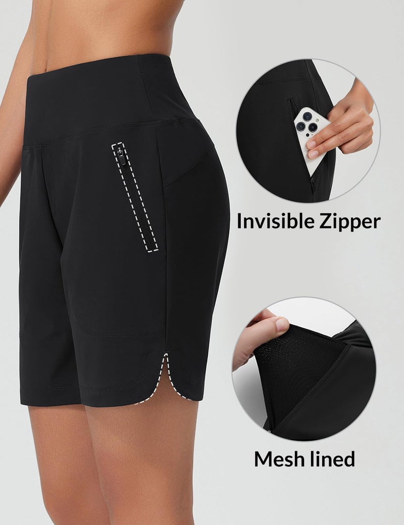 Baleaf Women's 7'' Swim Board Shorts with Zipper Pockets High Waisted Tummy Control Long Beach Swimming Shorts UPF 50+ Quick Dry Modest Swimsuits Bottoms Black M - Image 3
