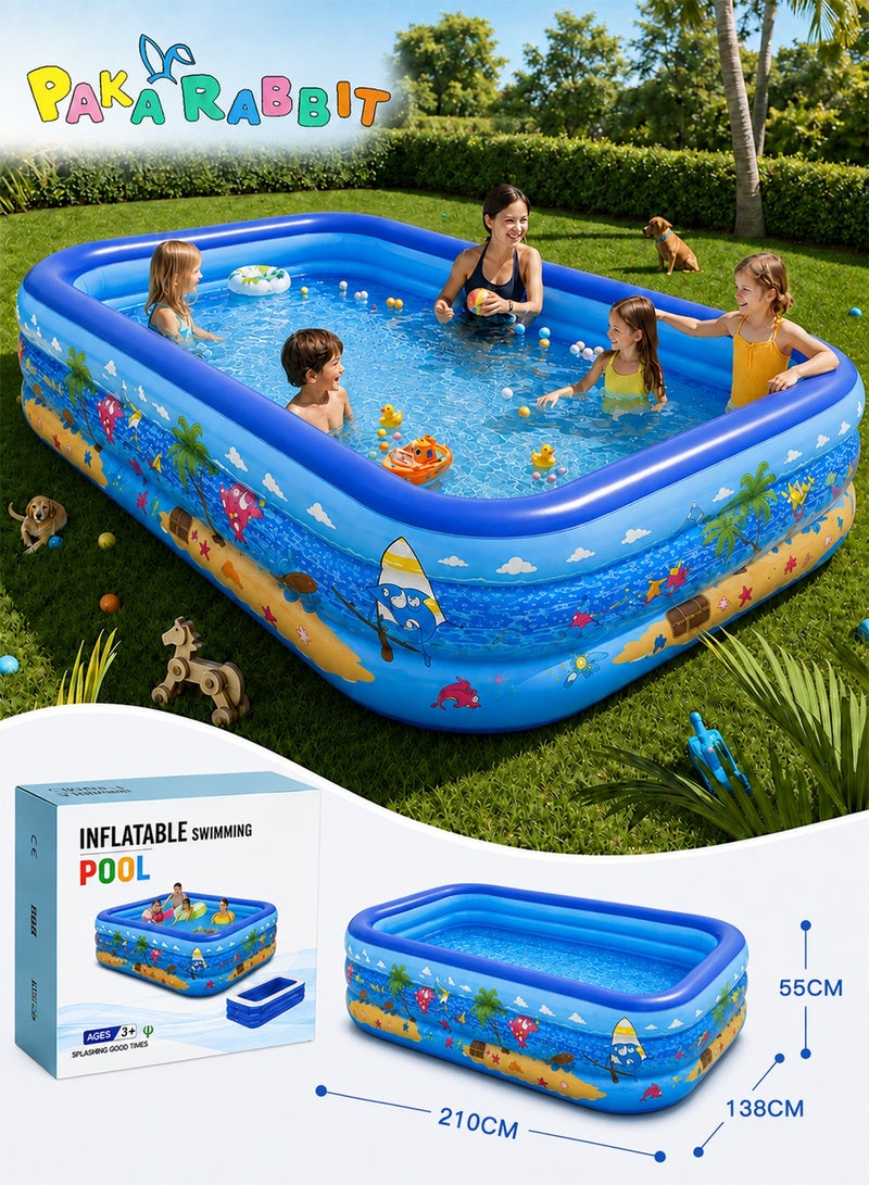 Paka Rabbit 210 x 138 x 55CM Inflatable Swimming Pool for Kids & Adults with Air Pump Included, Large Family Backyard Pool, Thickened Above Ground Pool for Outdoor Water Fun, Indoor Entertainment & Summer Party Activities - Image 1