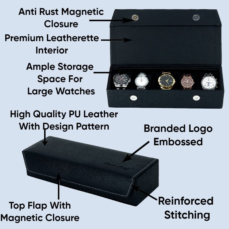 Hard Craft Watch Box Organizer Vegan Leather for 5 Watches - Image 4