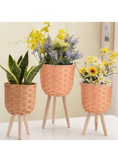 HOME TASTE Home Taste Set Of 3 Rattan Plant Pot Stand Woven Flower Pots Cover Planter Pot Container Wooden Flower Pot Holder Flower Basket Rattan Plant Display Rack For Indoor Outdoor 