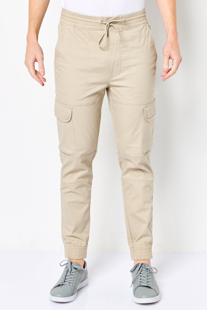 DKNY Men Regular Fit Solid Cargo Pants, Beige - Image 1