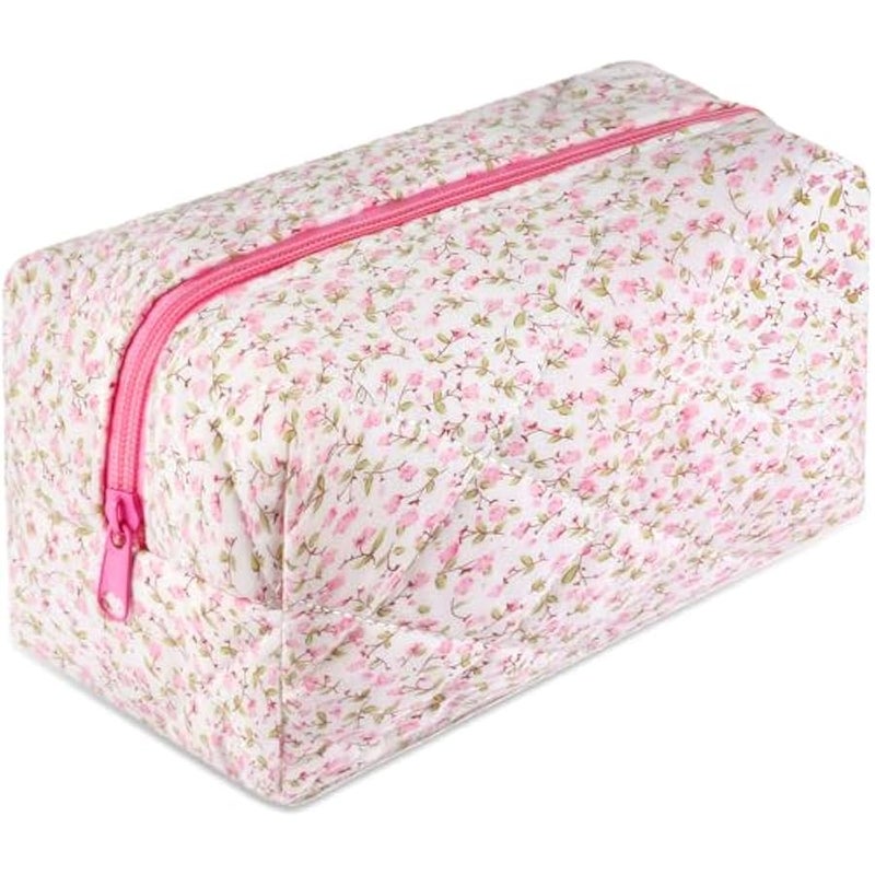 Quilted Makeup Bag Cute Small Cosmetic Bag Floral Cotton Puffy Makeup Organizer Coquette Travel Makeup Pouch Aesthetic Portable Zipper Toiletry Storage Bag for Women Teen Girls Kids (Pink) - Image 1