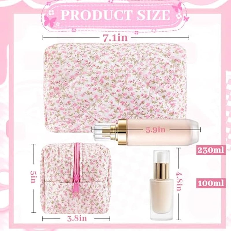 Quilted Makeup Bag Cute Small Cosmetic Bag Floral Cotton Puffy Makeup Organizer Coquette Travel Makeup Pouch Aesthetic Portable Zipper Toiletry Storage Bag for Women Teen Girls Kids (Pink) - Image 4