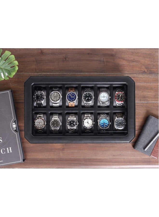 ROTHWELL 12 Slot Leather Watch Box for Men - Luxury Watch Case Display Organizer, Microsuede Liner, Locking Mens Jewelry Watches Holder, Men's Storage Boxes Holder Large Glass Top (Black/Grey) - Image 4