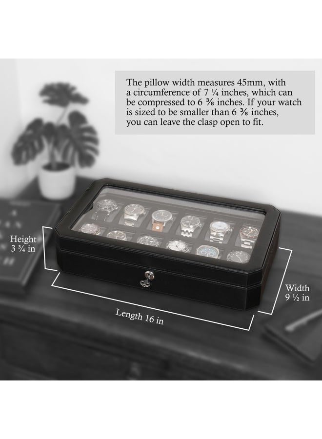 ROTHWELL 12 Slot Leather Watch Box for Men - Luxury Watch Case Display Organizer, Microsuede Liner, Locking Mens Jewelry Watches Holder, Men's Storage Boxes Holder Large Glass Top (Black/Grey) - Image 2