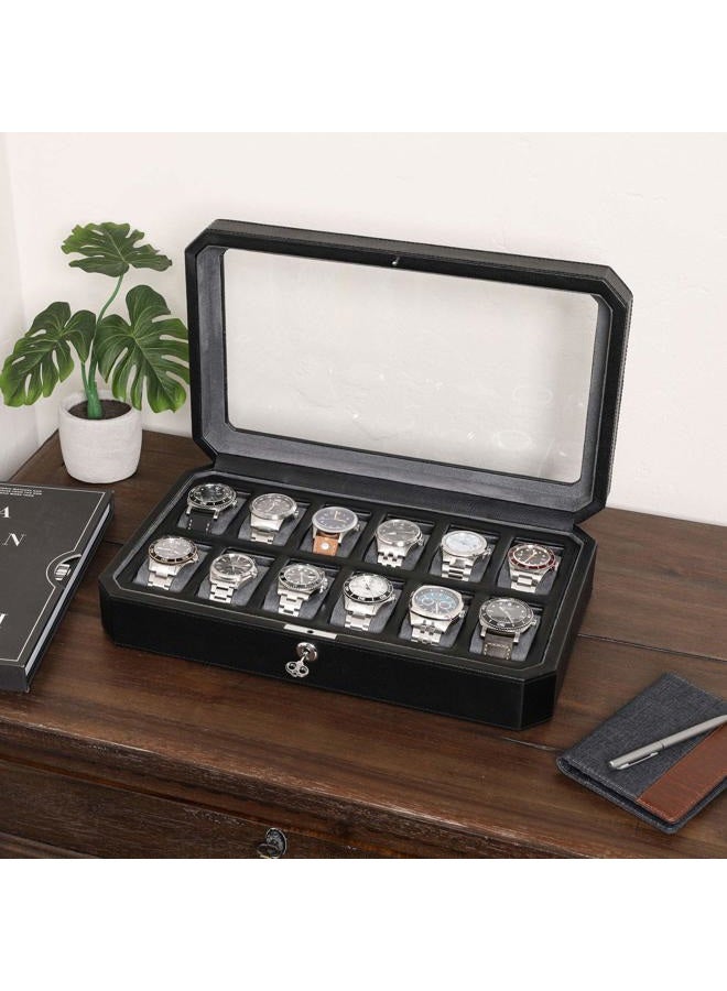 ROTHWELL 12 Slot Leather Watch Box for Men - Luxury Watch Case Display Organizer, Microsuede Liner, Locking Mens Jewelry Watches Holder, Men's Storage Boxes Holder Large Glass Top (Black/Grey) - Image 3