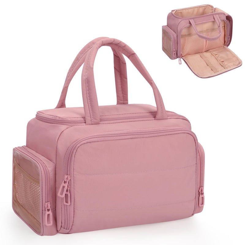 WGEAR Travel Cosmetic Bag for Women Lightweight Wideopen Makeup Travel Bags for Toiletries with 2 Removable Dividers Large Makeup Organizer with Brushes Board Multi Pockets for Gym Daily Pink - Image 2