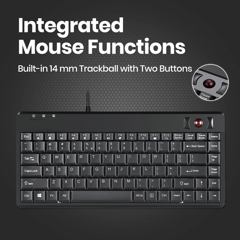 Perixx PERIBOARD-505H Wired Mini Keyboard with Built-in Trackball, 0.55 Inch Trackball and 2 USB Hubs, Black, US English Layout - Image 4