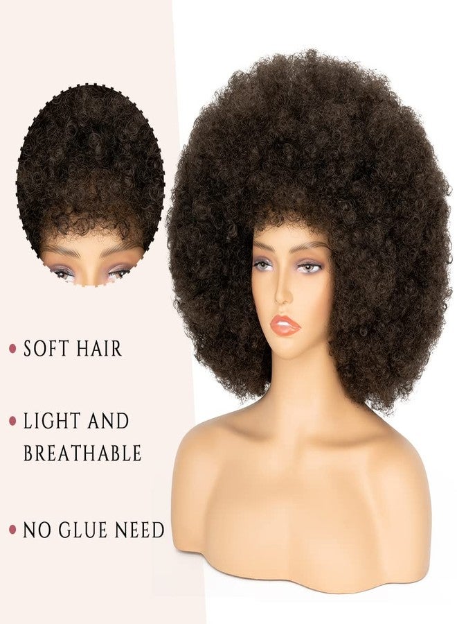 Aminow 70's Afro Wig for Women, Dark Brown Short Afro Kinky Curly Wig, Glueless Synthetic Wig with Bangs, Puffy & Fluffy Bouncy Afro Wig for Daily Cosplay Party - Image 3