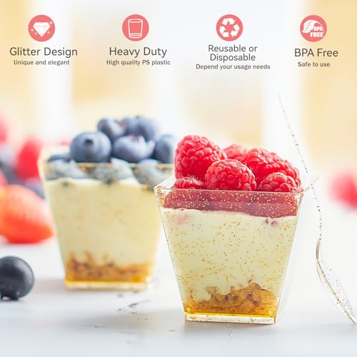 Qeirudu 3.5 oz Mini Gold Glitter Dessert Cups with Spoons - 50 Pack Gold Plastic Dessert Cups Small Parfait Shooter Cups for Party Appetizers Banana Pudding Jello - Image 3