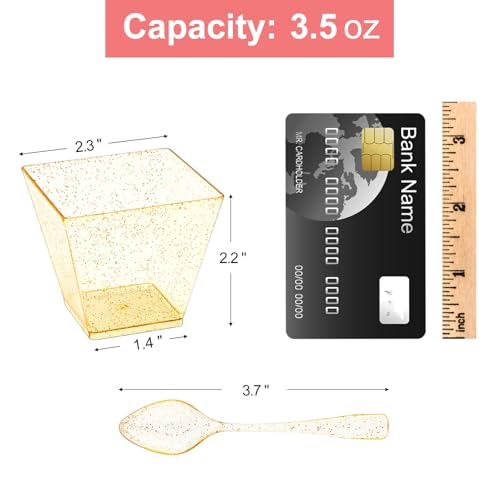 Qeirudu 3.5 oz Mini Gold Glitter Dessert Cups with Spoons - 50 Pack Gold Plastic Dessert Cups Small Parfait Shooter Cups for Party Appetizers Banana Pudding Jello - Image 2