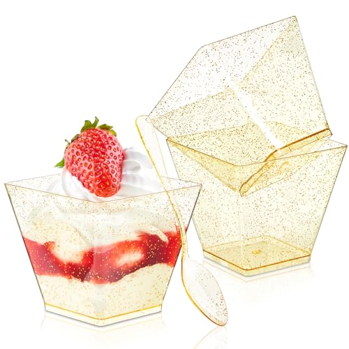 Qeirudu 3.5 oz Mini Gold Glitter Dessert Cups with Spoons - 50 Pack Gold Plastic Dessert Cups Small Parfait Shooter Cups for Party Appetizers Banana Pudding Jello - Image 1