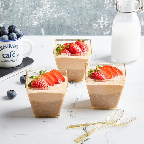 Qeirudu 3.5 oz Mini Gold Glitter Dessert Cups with Spoons - 50 Pack Gold Plastic Dessert Cups Small Parfait Shooter Cups for Party Appetizers Banana Pudding Jello - Image 4