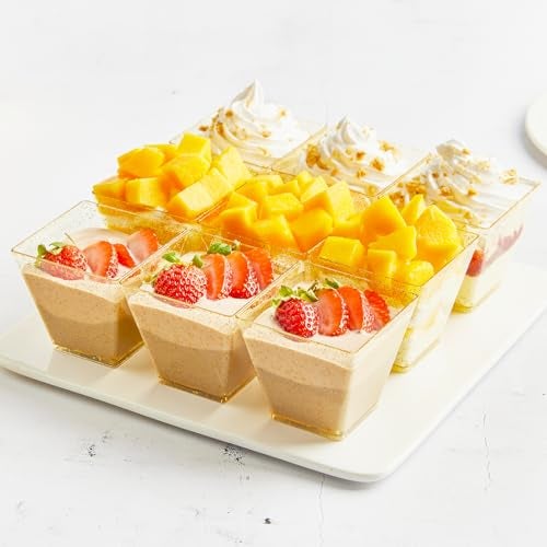 Qeirudu 3.5 oz Mini Gold Glitter Dessert Cups with Spoons - 50 Pack Gold Plastic Dessert Cups Small Parfait Shooter Cups for Party Appetizers Banana Pudding Jello - Image 5