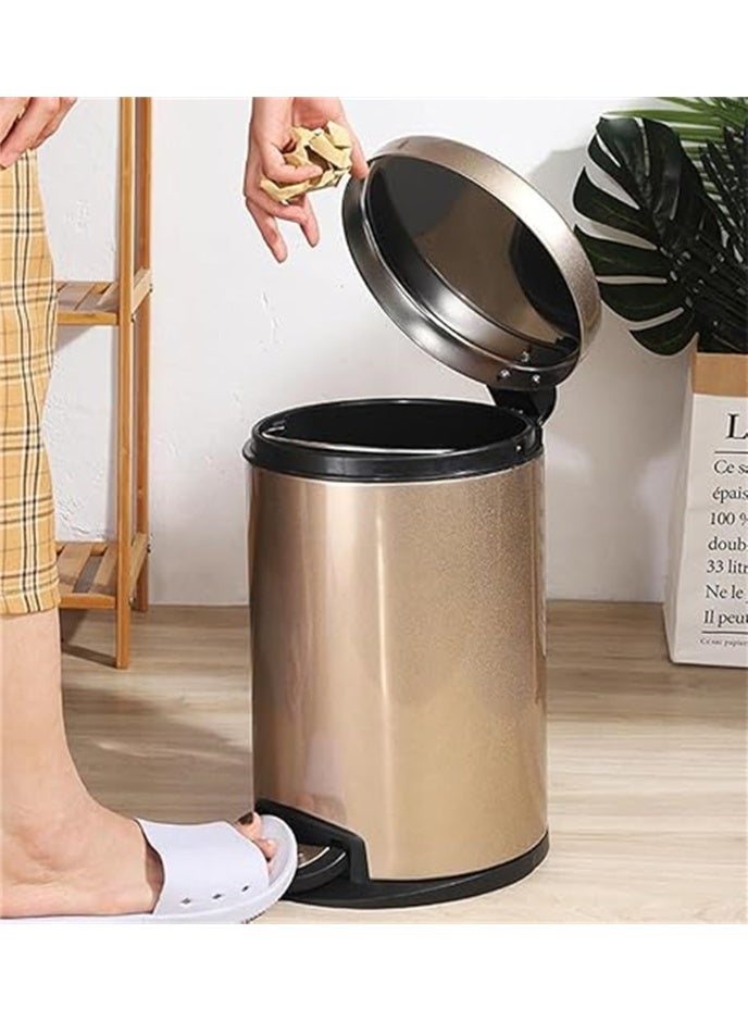 8L Trash Can, Brushed Stainless Steel Dustbin, Round Trash Bin With Soft-Close Foot Pedal, Smudge Resistant Dust Bin for Kitchen Bathroom Bedroom Living Room (8L- Gold)  - Image 1