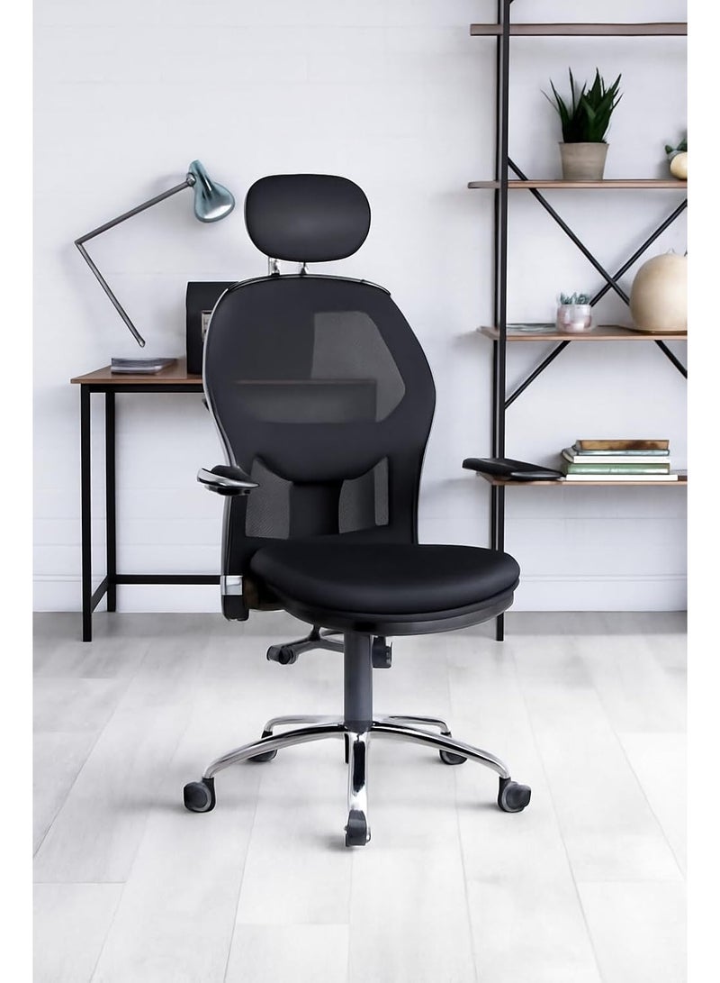 Kaliber HaloSit High Back Chair with Adjustable Headrest, 2D Armrest & Lumbar Support - Mesh Back & Upholstered Seat, Chrome Gaslift, Aluminium Base - Office Desk Chair - Black - Image 1