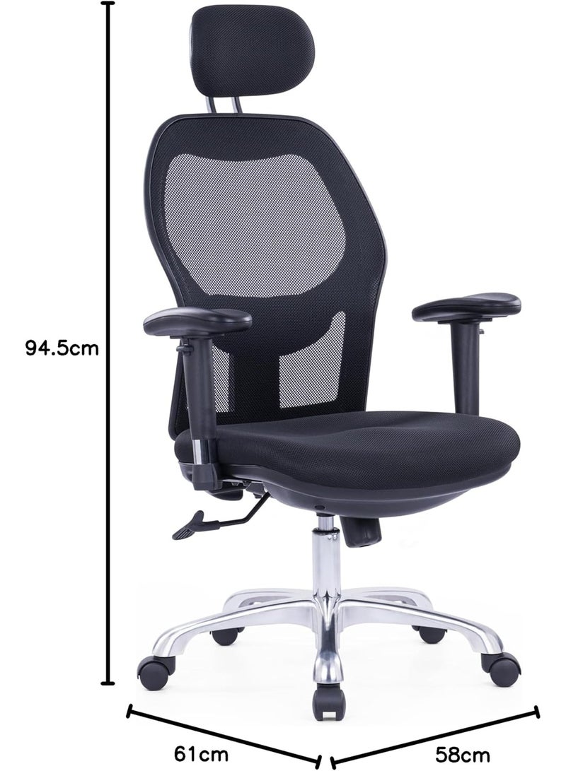 Kaliber HaloSit High Back Chair with Adjustable Headrest, 2D Armrest & Lumbar Support - Mesh Back & Upholstered Seat, Chrome Gaslift, Aluminium Base - Office Desk Chair - Black - Image 2