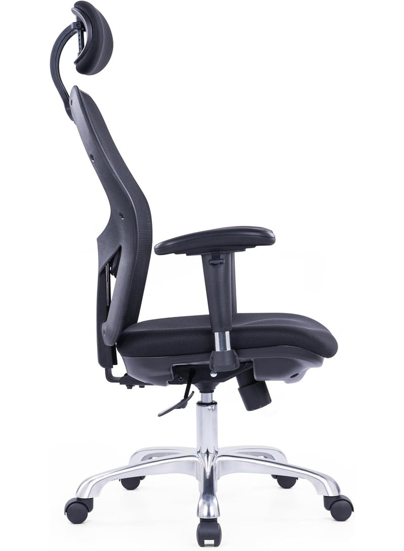 Kaliber HaloSit High Back Chair with Adjustable Headrest, 2D Armrest & Lumbar Support - Mesh Back & Upholstered Seat, Chrome Gaslift, Aluminium Base - Office Desk Chair - Black - Image 3