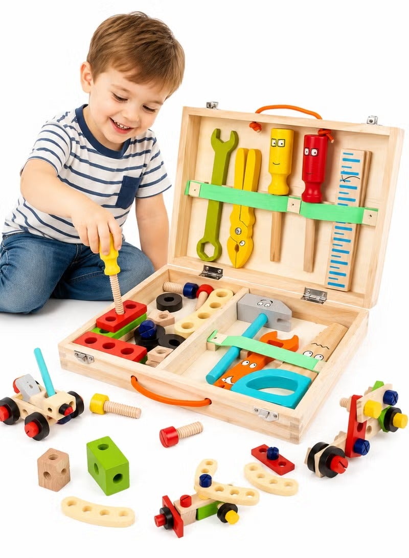 Wooden Tool kit for Kid Wooden Tool Box with 36pcs Wooden Tool Kit for Kids Educational Construction Toy Building Toy Set Creative DIY Gift Idea for Toddlers Boys and Girls - Image 1