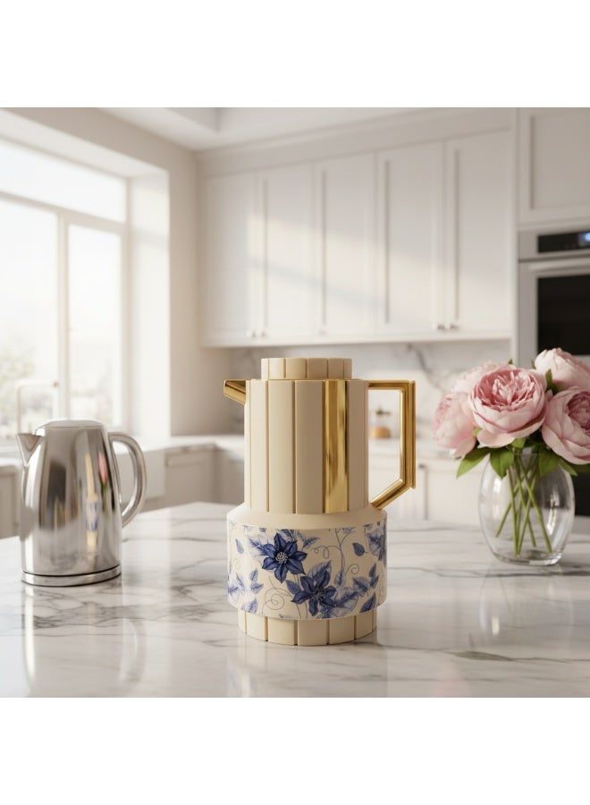 Parati 1L Vacuum Flask – Beige | Gold & Blue Floral - Image 3