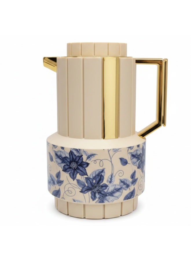 Parati 1L Vacuum Flask – Beige | Gold & Blue Floral - Image 1