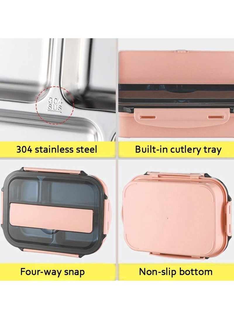 DubaiGallery Stainless Steel Bento Lunch Box With Fork Spoon 4-Compartment Metal Food Pail With Cover That Prevents Leaks & Spills - Image 3