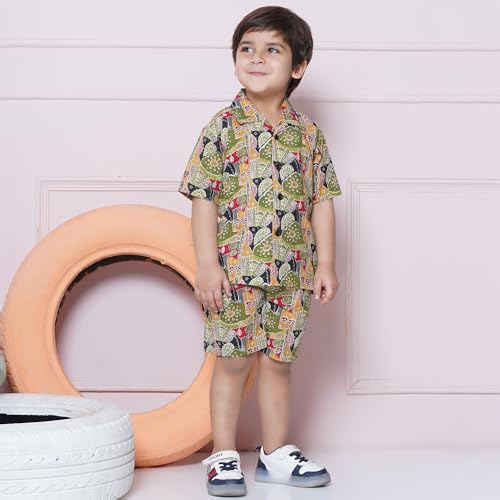 AJ DEZINES Kids Green Cotton Shirt Shorts Half Sleeves Printed CO-ORDS Set for Boys (CO-1003-Green-2) - Image 5