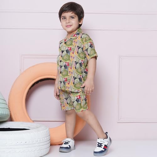 AJ DEZINES Kids Green Cotton Shirt Shorts Half Sleeves Printed CO-ORDS Set for Boys (CO-1003-Green-2) - Image 4