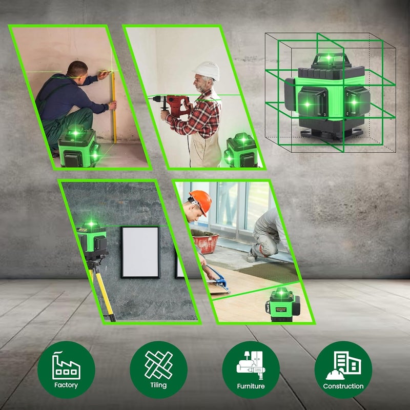 Tomahawk ® BMT-1666 مستوى ليزر أخضر 16 خط احترافي، 4x360° 4D ليزر أخضر متقاطع للبناء، وضع نبض عمودي/أفقي 360° | حامل 1 متر | - Image 5