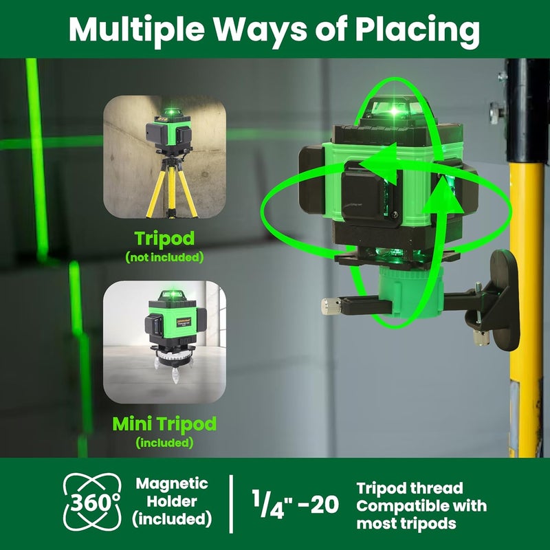 Tomahawk ® BMT-1666 مستوى ليزر أخضر 16 خط احترافي، 4x360° 4D ليزر أخضر متقاطع للبناء، وضع نبض عمودي/أفقي 360° | حامل 1 متر | - Image 4
