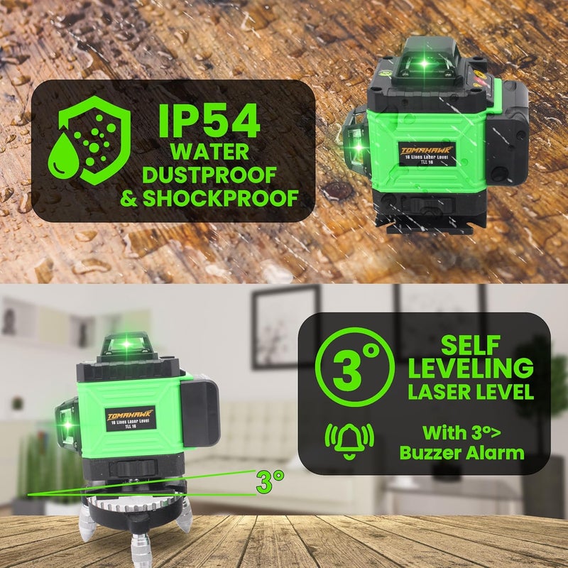 Tomahawk ® BMT-1666 مستوى ليزر أخضر 16 خط احترافي، 4x360° 4D ليزر أخضر متقاطع للبناء، وضع نبض عمودي/أفقي 360° | حامل 1 متر | - Image 3