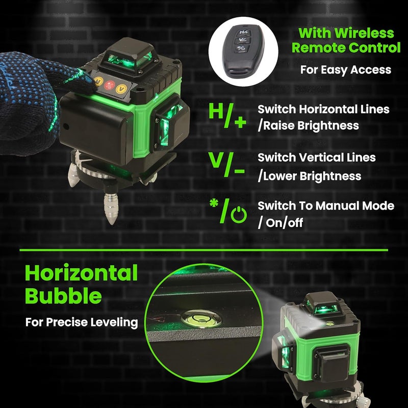 Tomahawk ® BMT-1666 مستوى ليزر أخضر 16 خط احترافي، 4x360° 4D ليزر أخضر متقاطع للبناء، وضع نبض عمودي/أفقي 360° | حامل 1 متر | - Image 2